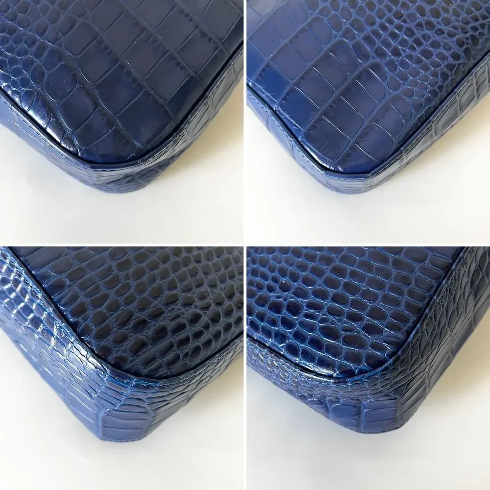 Longchamp Roseau Blue Croc Embossed Shoulder Bag Vintage Y2K Bamboo Toggle